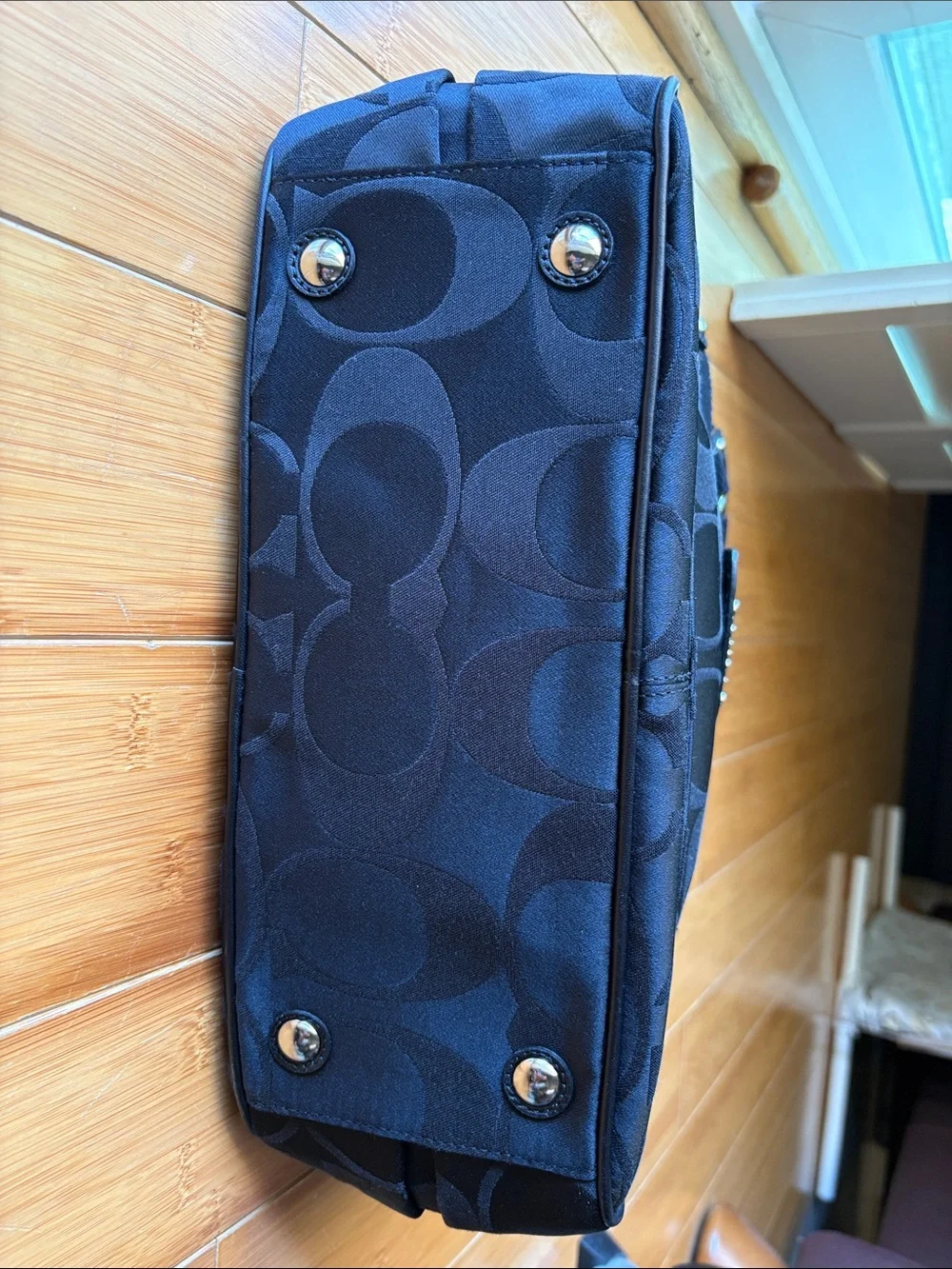 Vintage Coach Black Signature Shoulder Bag with Glossy Black Trim